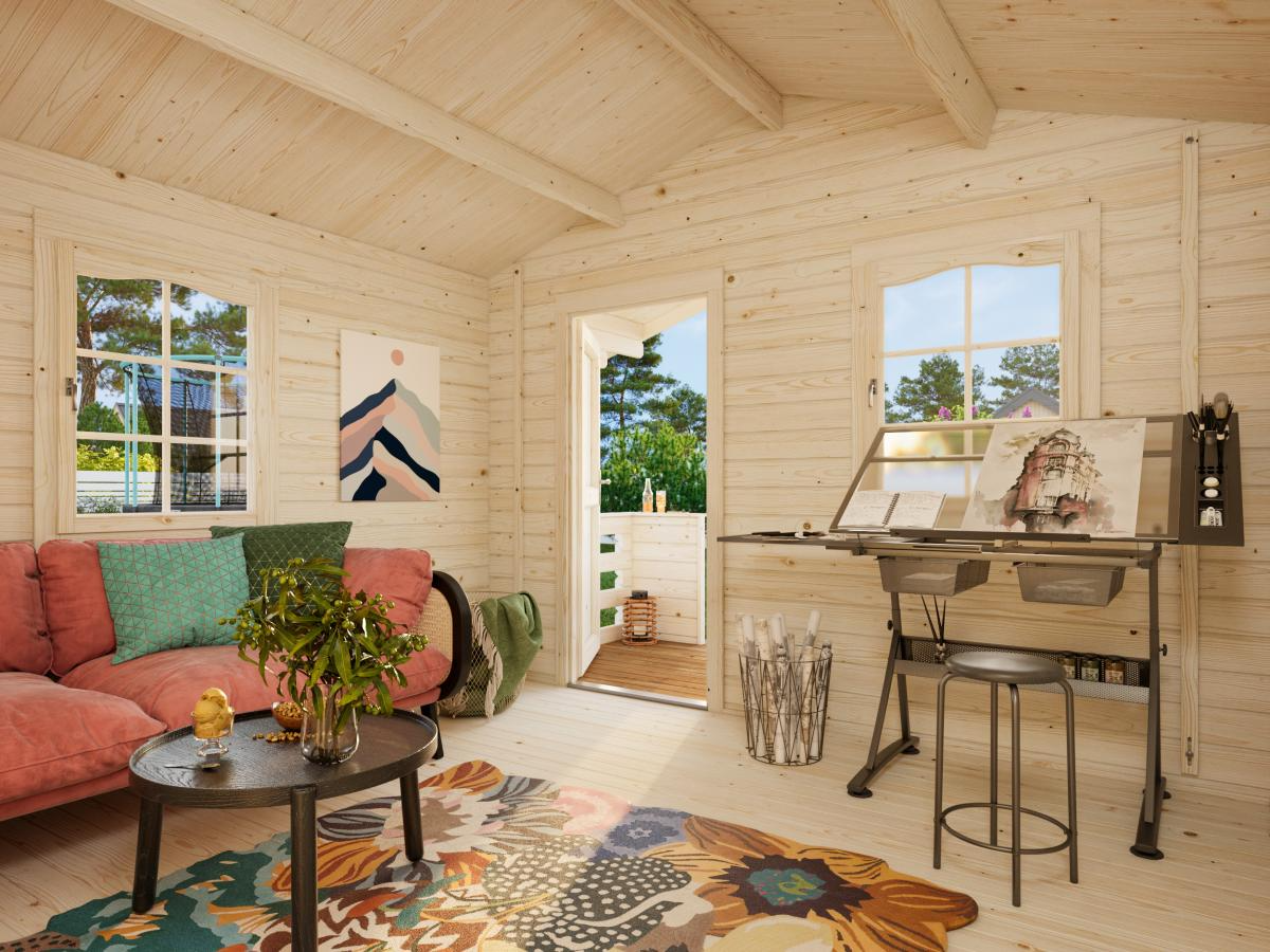 Palmako | Emma L (11'6" x 11'6" | 157.2 sq.ft. | 1.3") Alpine Style Log Cabin with Terrace and Shutters