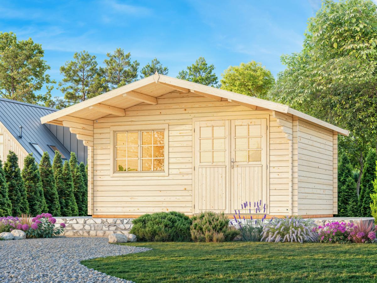 Palmako | Sally XL (17'5" x 13'5" | 205.6 sq.ft. | 1.7") Large Scandinavian Style Log Cabin with an Overhang Roof