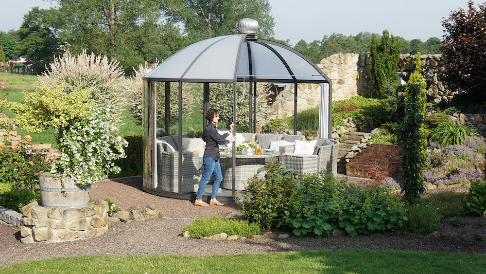Exaco | 12'11" Dia x 10'5" High RONDO 2 360° Garden Pavilion With Sliding Door and Thermodynamic Wind-Driven Fan