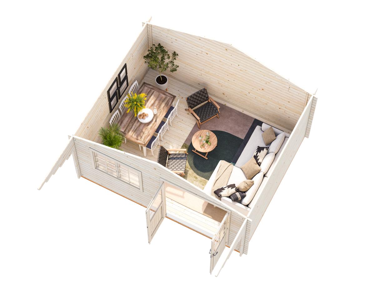 Palmako | Sally XL (17'5" x 13'5" | 205.6 sq.ft. | 1.7") Large Scandinavian Style Log Cabin with an Overhang Roof