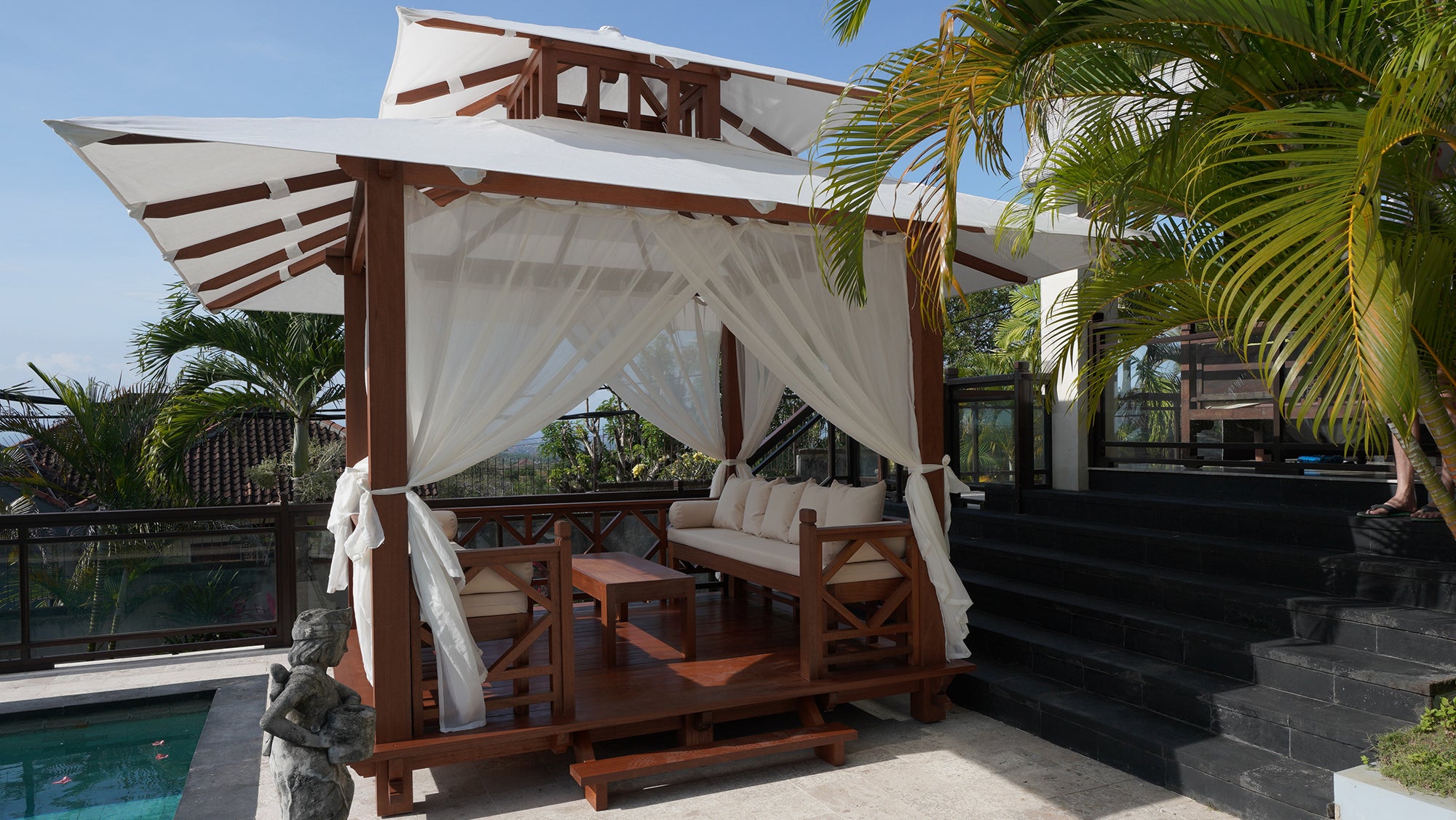 Exaco | 10' x 10' Exquisite Handcrafted Solid Wood Gazebo With Canopy, Coffee Table and Benches From Bali Indonesia