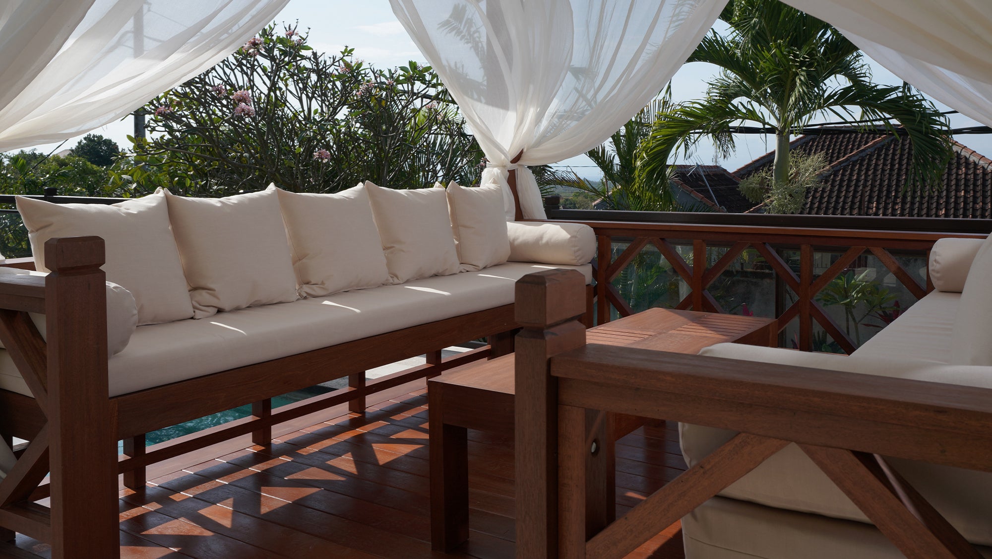 Exaco | 10' x 10' Exquisite Handcrafted Solid Wood Gazebo With Canopy, Coffee Table and Benches From Bali Indonesia