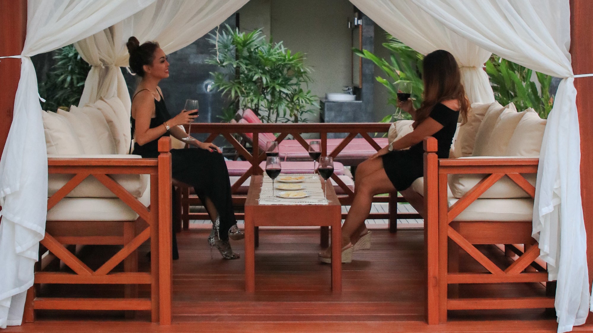 Exaco | 10' x 10' Exquisite Handcrafted Solid Wood Gazebo With Canopy, Coffee Table and Benches From Bali Indonesia