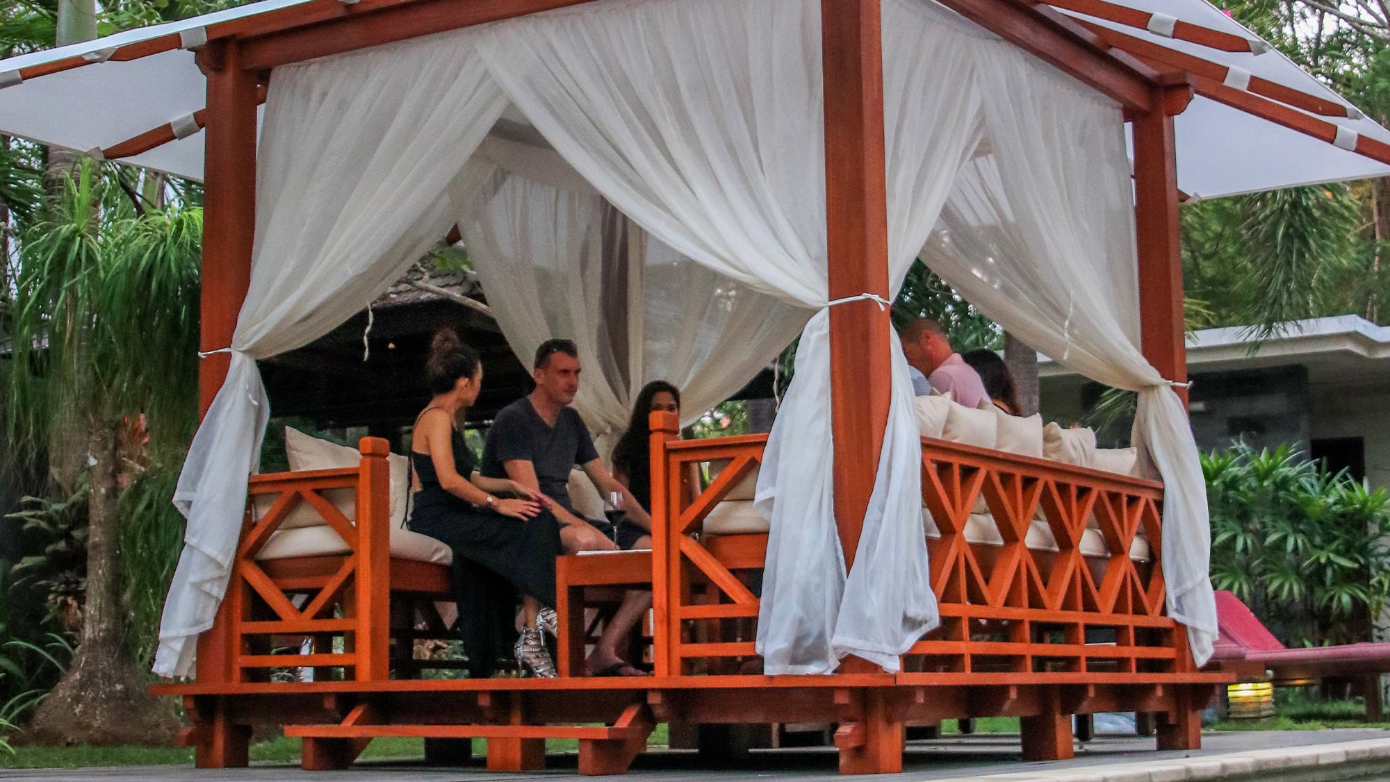Exaco | 10' x 10' Exquisite Handcrafted Solid Wood Gazebo With Canopy, Coffee Table and Benches From Bali Indonesia