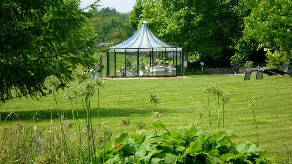 Exaco | 12'11" Dia x 10'5" High RONDO 2 360° Garden Pavilion With Sliding Door and Thermodynamic Wind-Driven Fan