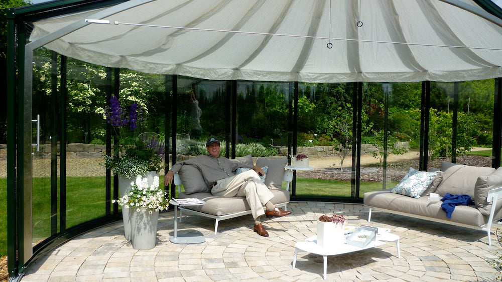 Exaco | 12'11" Dia x 10'5" High RONDO 2 360° Garden Pavilion With Sliding Door and Thermodynamic Wind-Driven Fan