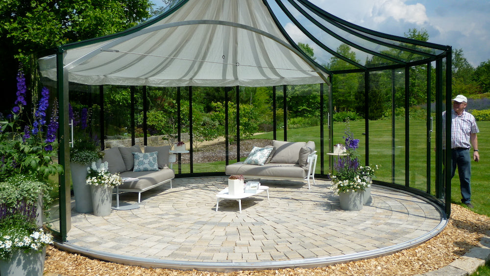 Exaco | 12'11" Dia x 10'5" High RONDO 2 360° Garden Pavilion With Sliding Door and Thermodynamic Wind-Driven Fan