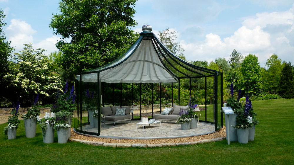 Exaco | 12'11" Dia x 10'5" High RONDO 2 360° Garden Pavilion With Sliding Door and Thermodynamic Wind-Driven Fan