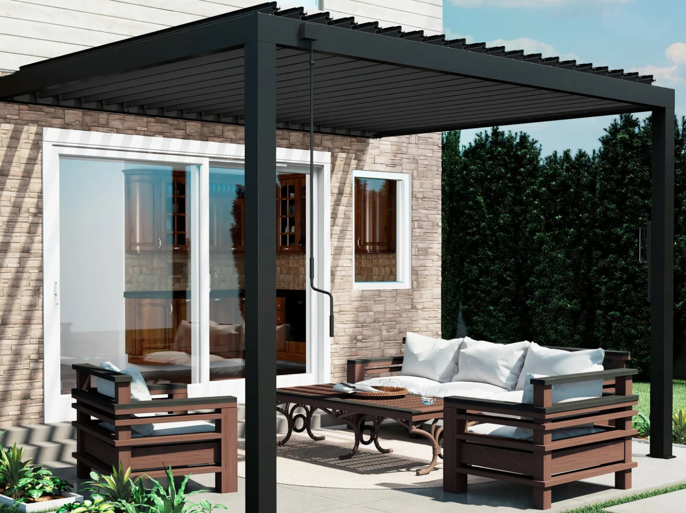 Arbors Direct | Modern Solace Attached Fiberglass Pergola with Fixed Louvers