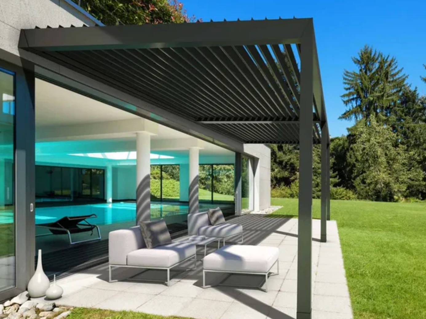 Arbors Direct | Modern Solace Attached Fiberglass Pergola with Fixed Louvers