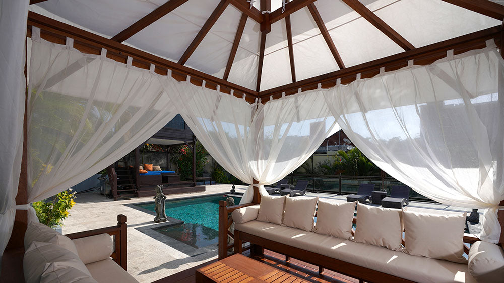 Exaco | 11'6" x 11'6" Exquisite Handcrafted Solid Wood Gazebo With Canopy, Coffee Table and Benches From Bali Indonesia