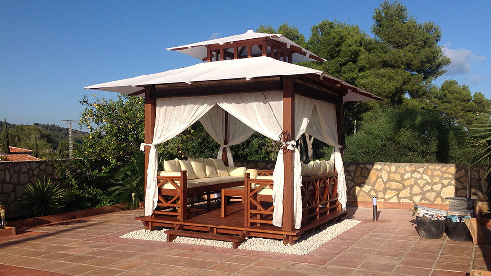 Exaco | 10' x 10' Exquisite Handcrafted Solid Wood Gazebo With Canopy, Coffee Table and Benches From Bali Indonesia