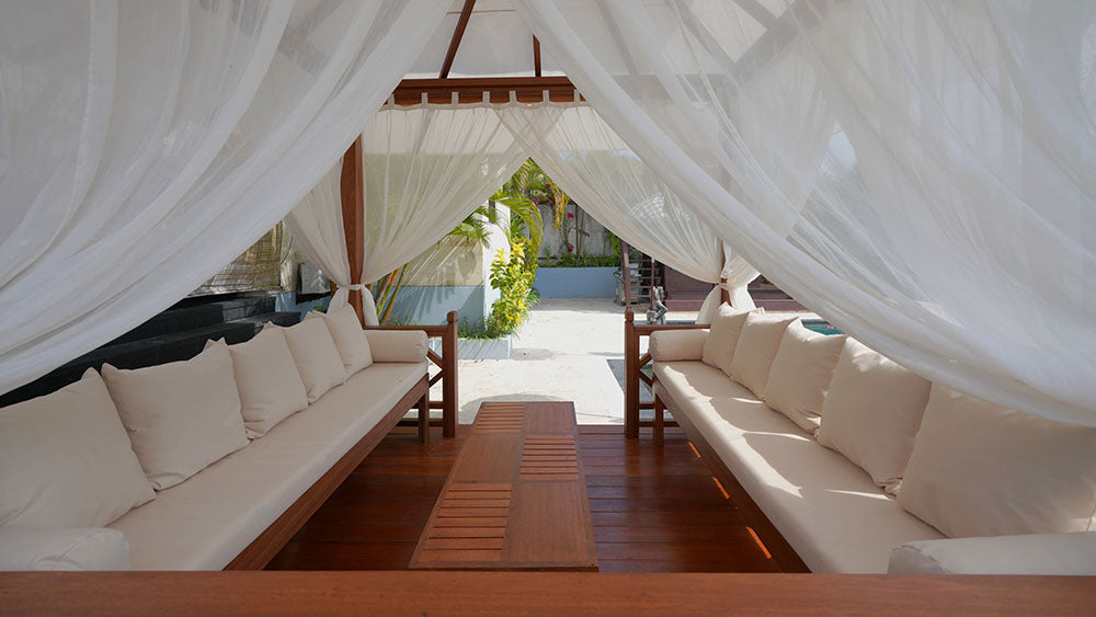 Exaco | 10' x 10' Exquisite Handcrafted Solid Wood Gazebo With Canopy, Coffee Table and Benches From Bali Indonesia