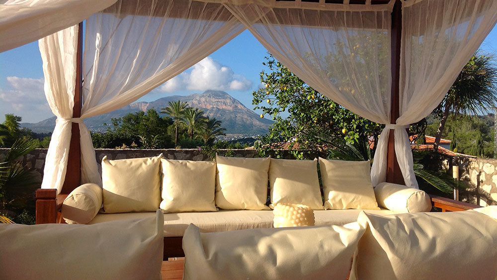 Exaco | 10' x 10' Exquisite Handcrafted Solid Wood Gazebo With Canopy, Coffee Table and Benches From Bali Indonesia