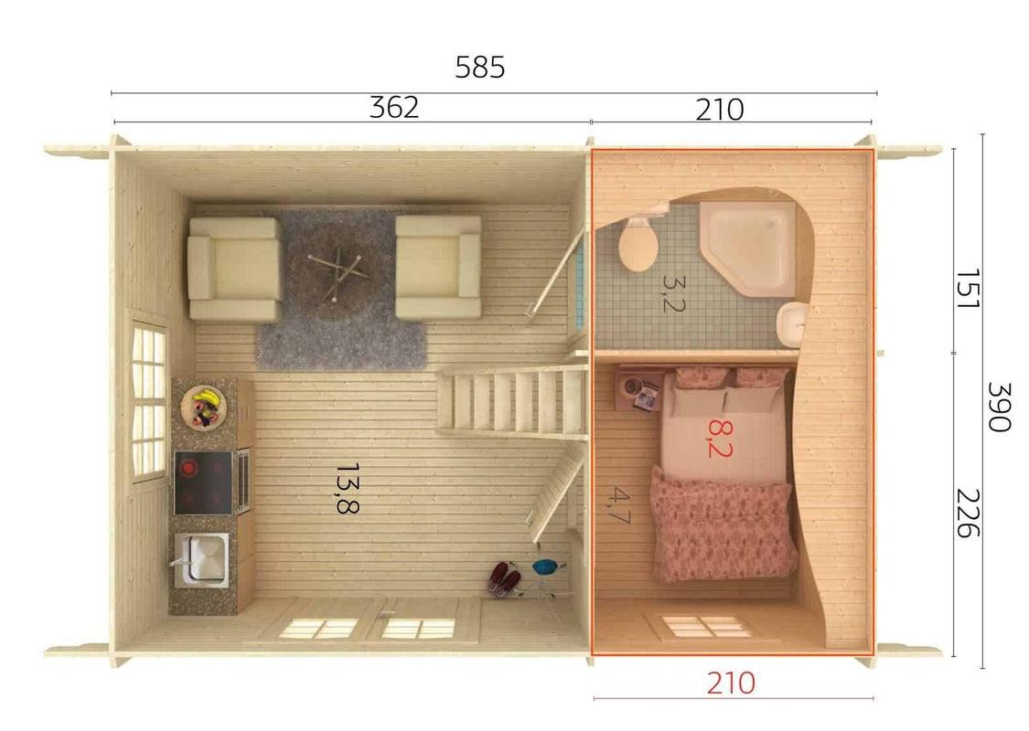 Palmako | Sandra M (19'1" x 13'5" | 321.8 sq.ft. | 1.7") 3-Room Traditional Holiday Log Cabin
