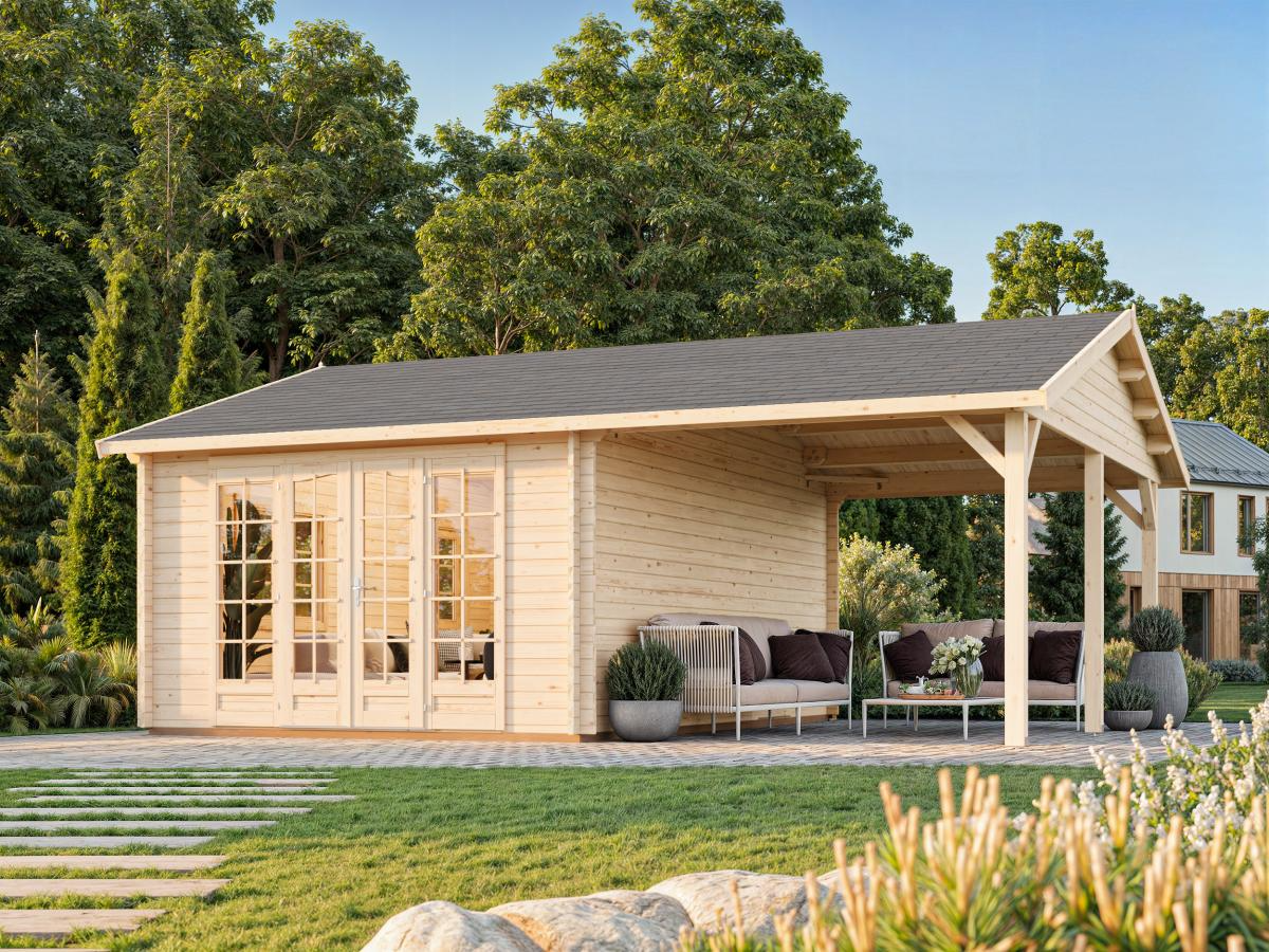 Palmako | Irene M+ (22'1" x 18'8" | 204.5 sq.ft. | 1.7") Summer House with Side Canopy or Carport