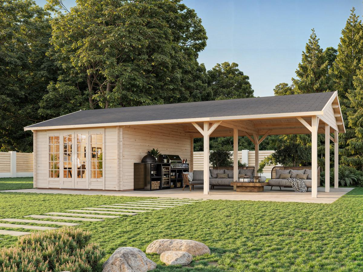 Palmako | Irene M++ (32'0" x 18'8" | 204.5 sq.ft. | 1.7") Summer House with Large Canopy or Double Carport