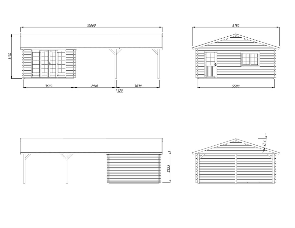 Palmako | Irene M++ (32'0" x 18'8" | 204.5 sq.ft. | 1.7") Summer House with Large Canopy or Double Carport