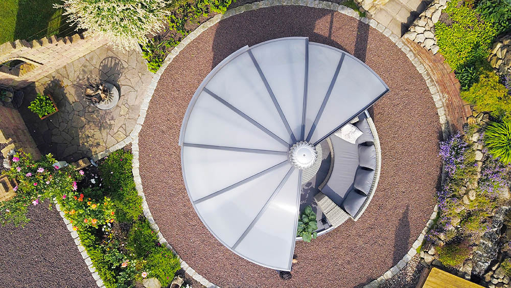 Exaco | 12'11" Dia x 10'5" High RONDO 2 360° Garden Pavilion With Sliding Door and Thermodynamic Wind-Driven Fan