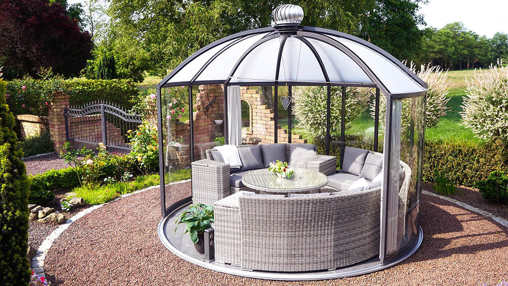 Exaco | 10'10" Dia x 9'10" High RONDO 1 360° Garden Pavilion With Sliding Door and Thermodynamic Wind-Driven Fan