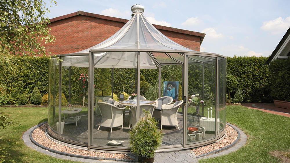 Exaco | 12'11" Dia x 10'5" High RONDO 2 360° Garden Pavilion With Sliding Door and Thermodynamic Wind-Driven Fan
