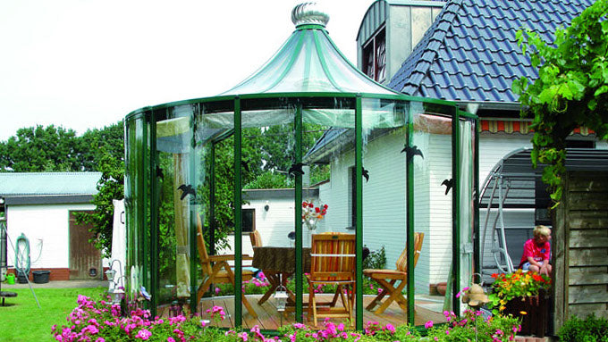 Exaco | 10'10" Dia x 9'10" High RONDO 1 360° Garden Pavilion With Sliding Door and Thermodynamic Wind-Driven Fan