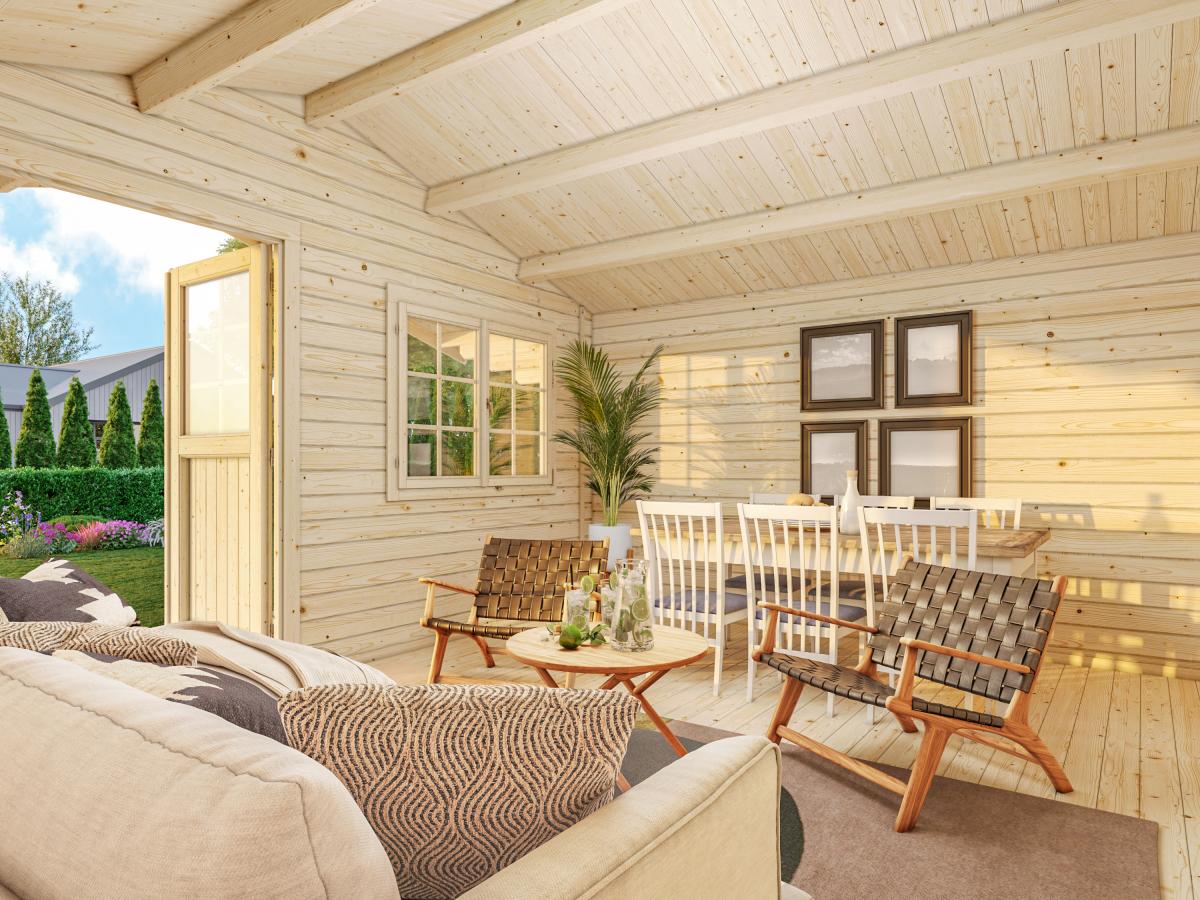 Palmako | Sally XL (17'5" x 13'5" | 205.6 sq.ft. | 1.7") Large Scandinavian Style Log Cabin with an Overhang Roof