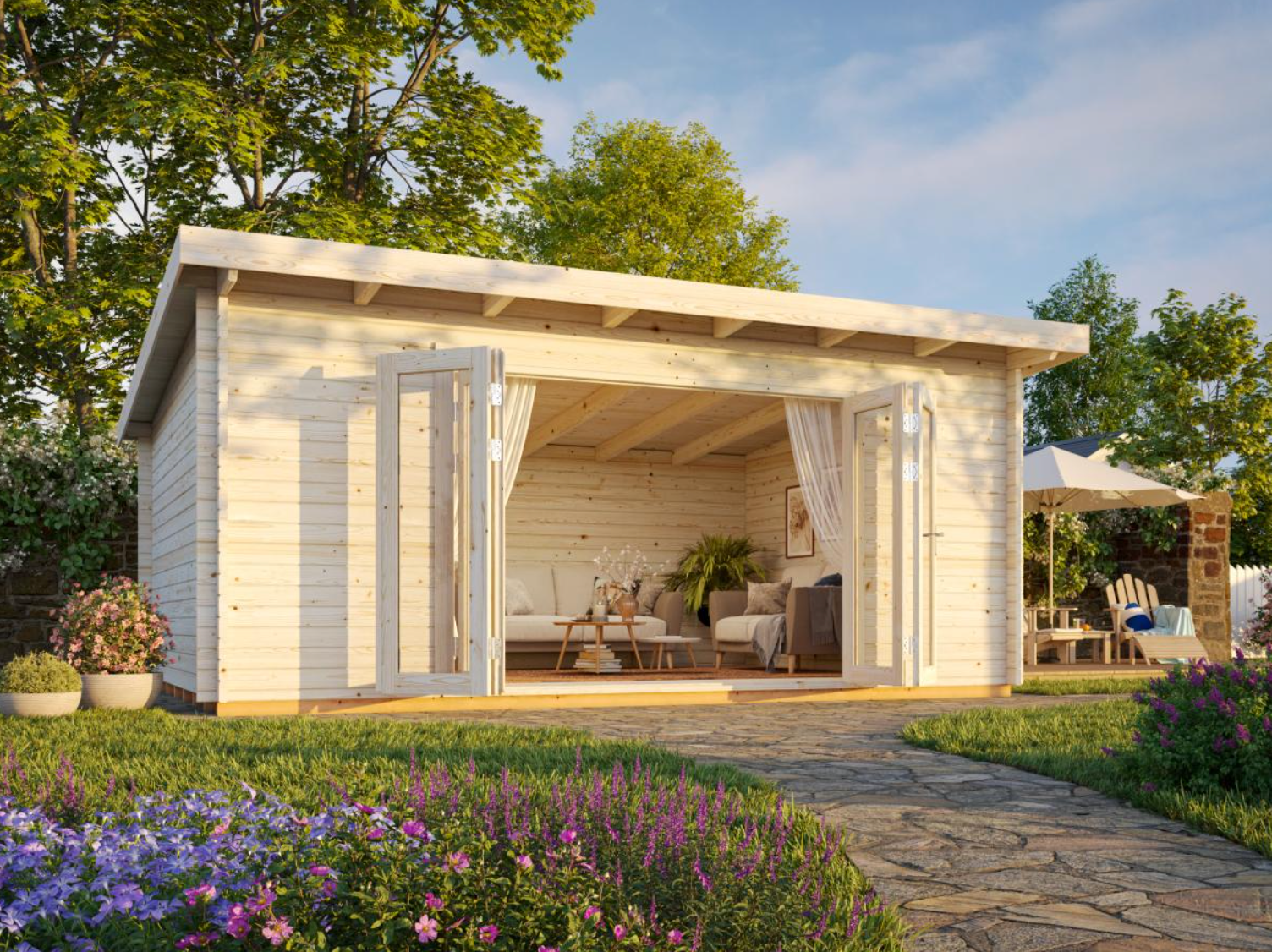 Palmako | Lea L (18'1" x 13'1" | 209 sq.ft. | 1.7") Pent Roof Garden Room with Bi-Fold Doors