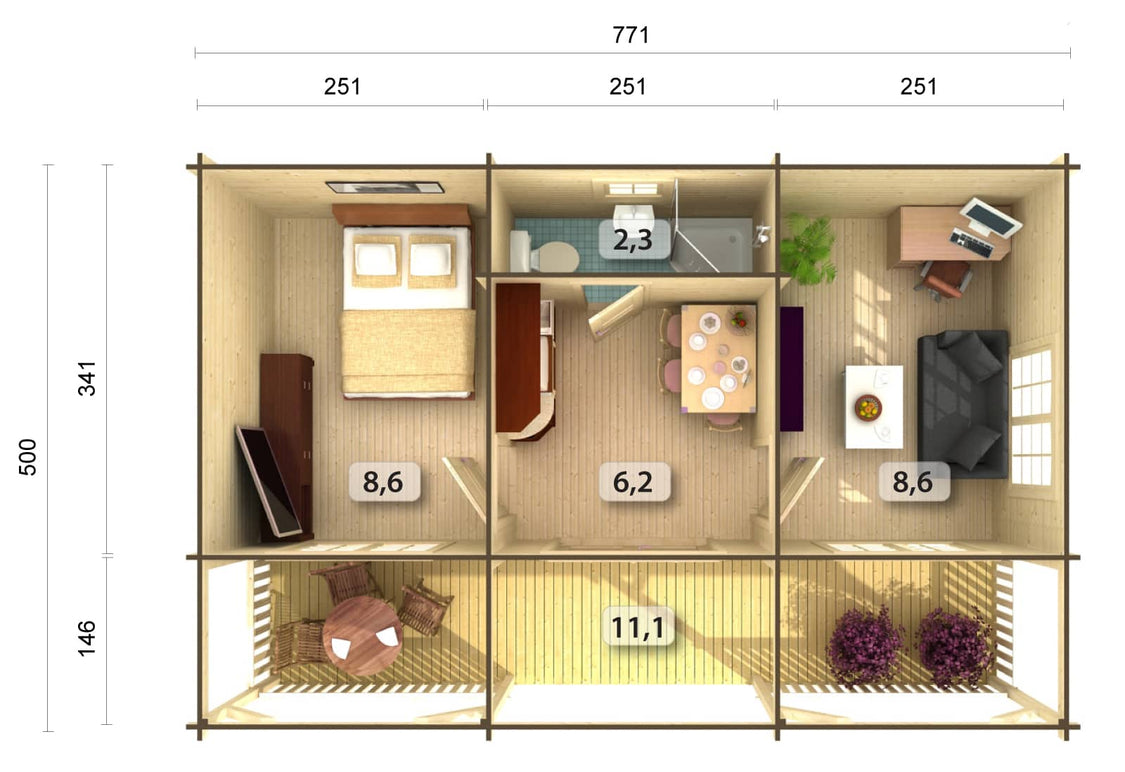 Palmako | Sandra L (25'11" x 12'2" | 395 sq.ft. | 1.7") Multi-Room Log Cabin